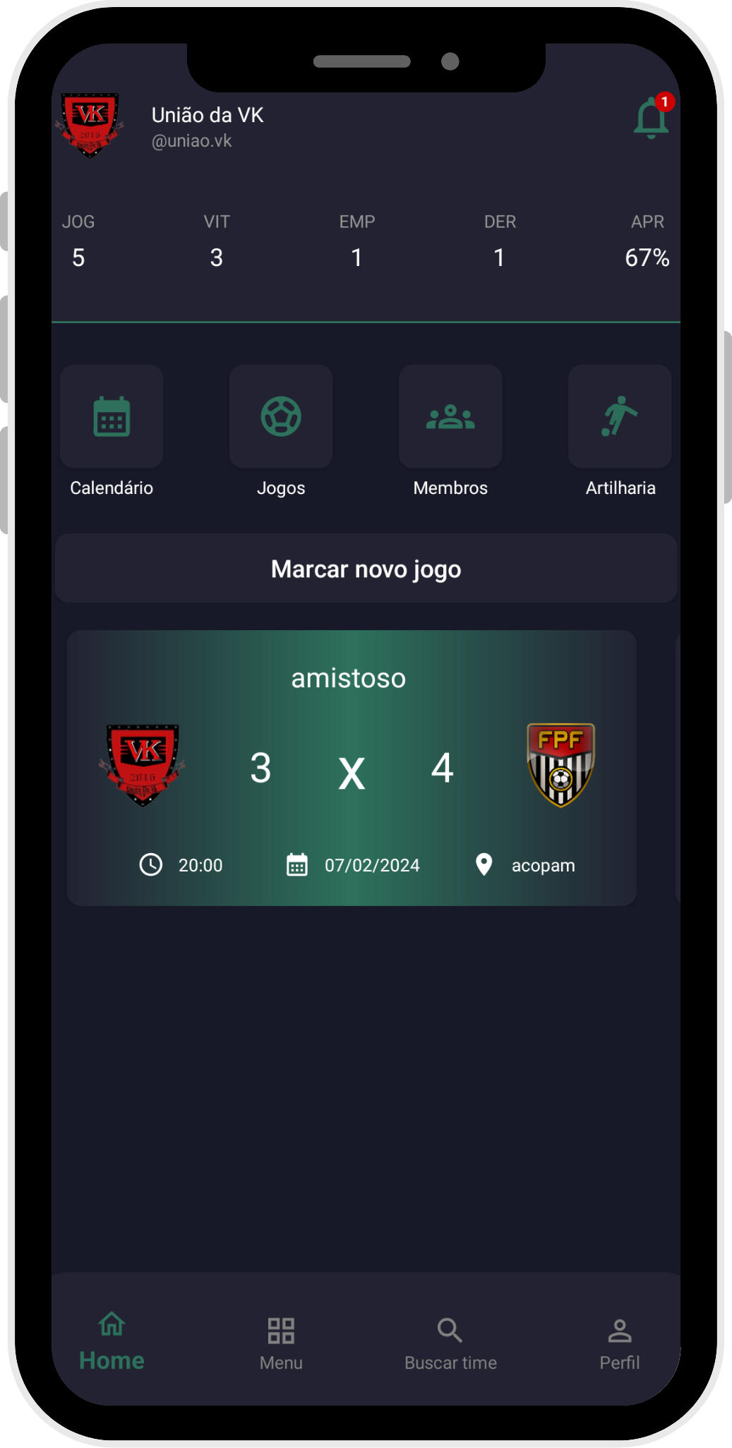 Tela inicial do Elenco com calendário, membros, artilharia e o último jogo da equipe